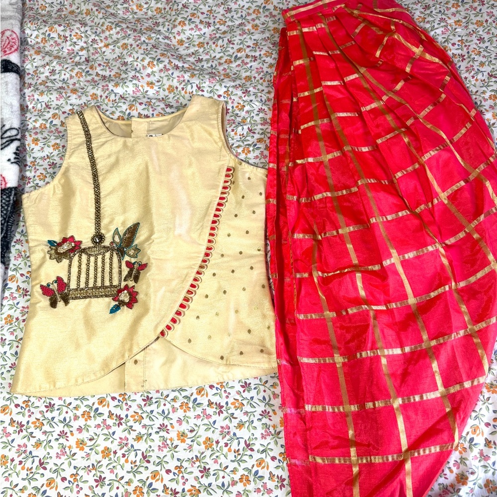 Cream and Pink Embroidered big girls Indian salwar suit